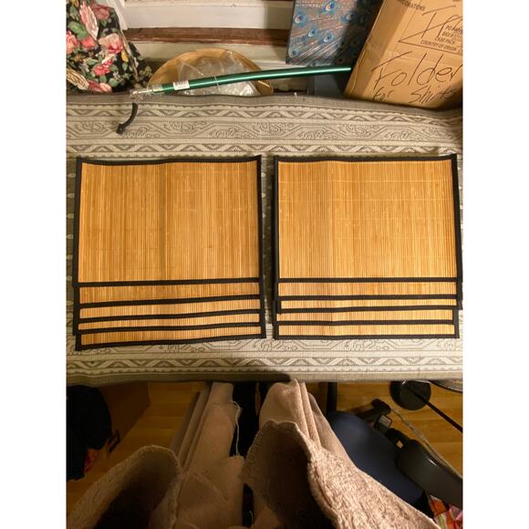 Set of 10 Bamboo Slat Placemats Natural with Black Binding  13 in X 19 in VGUC - Picture 1 of 8